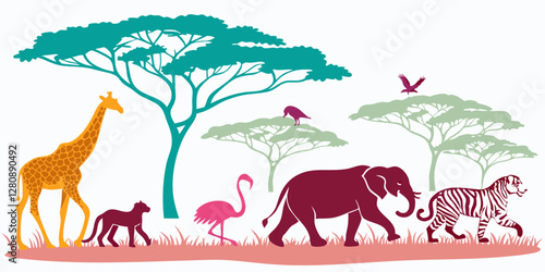 Group of Wild Animals, Zoo, Silhouette, Colourful Shape. Vibrant Safari Wildlife Illustration – Exotic Animals in African Savannah.