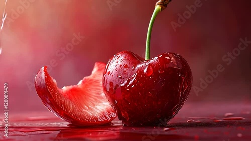 Juicy red cherry with a bite, water drops.
