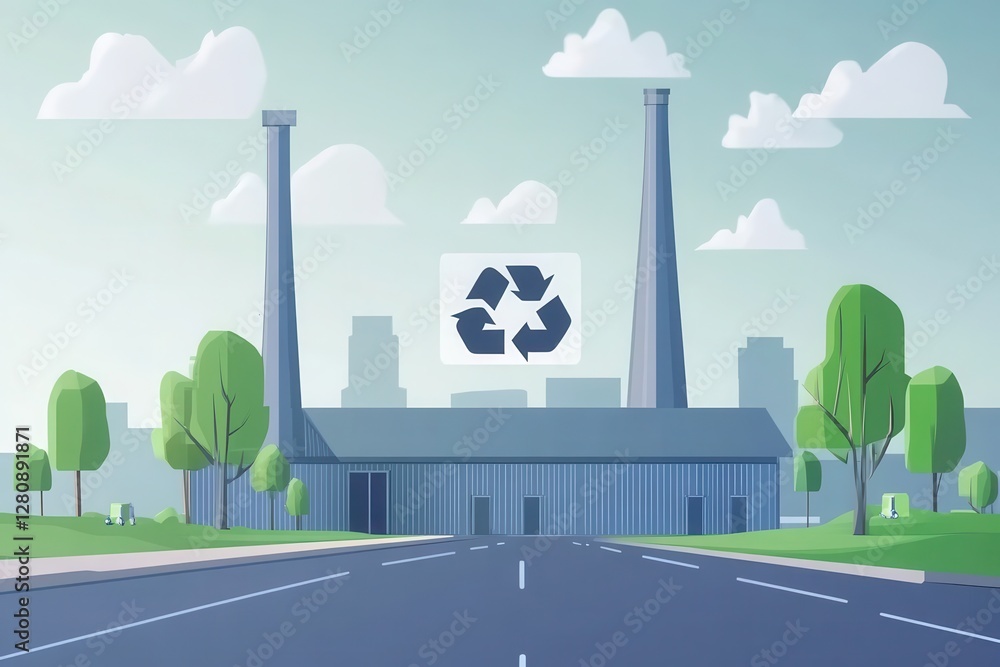Obraz premium Urban Landscape with Recycling Plant and Green Trees in Background