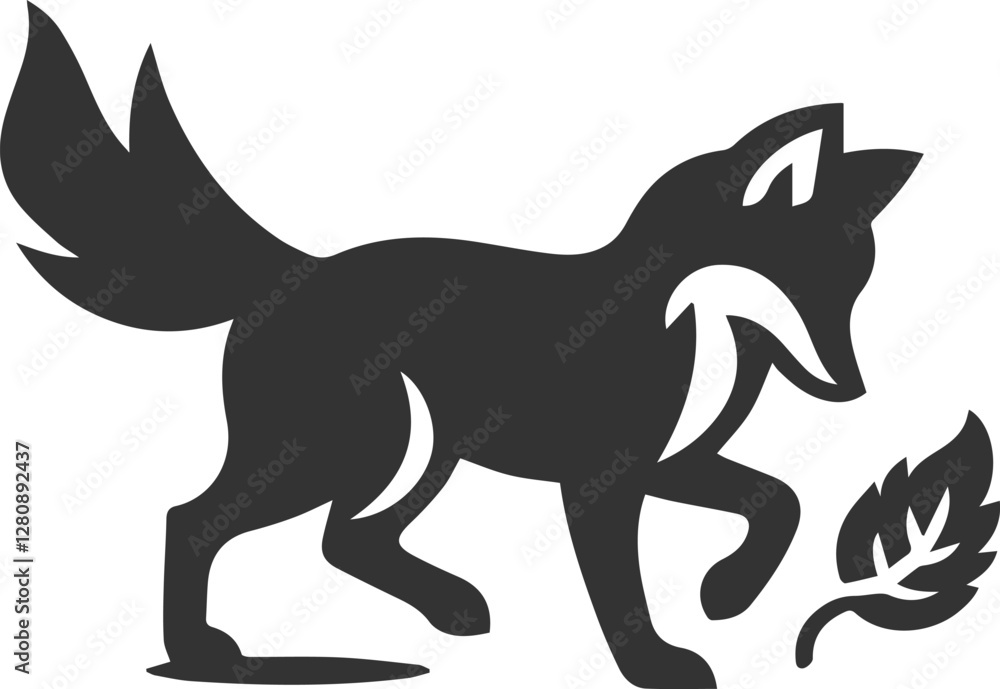 Fototapeta premium A fox playing with a fallen leaf animal vector silhouette