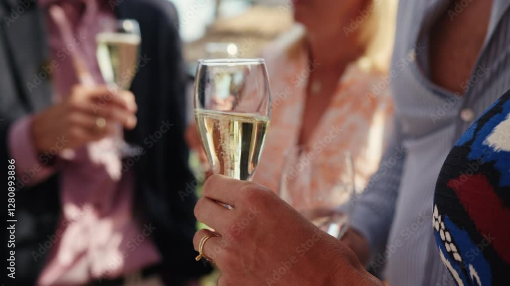 Guests enjoy a lively gathering outdoors, raising their glasses filled with sparkling beverages. The atmosphere is cheerful and relaxed, ideal for socializing and celebrating. Guests enjoy a lively gathering outdoors, raising their glasses filled with sparkling beverages. The atmosphere is cheerful and relaxed, ideal for socializing and celebrating.