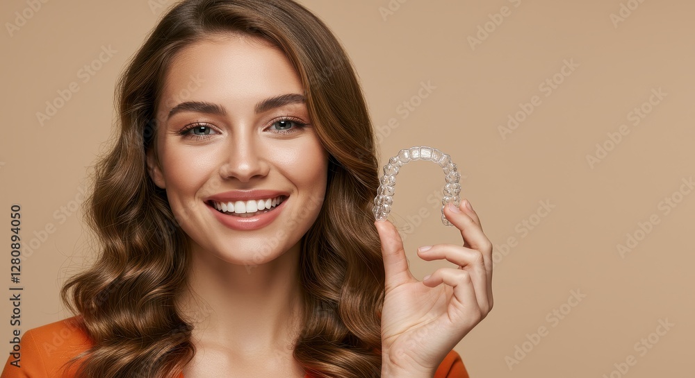 A portrait of a young woman with wavy brown hair, glowing skin and a radiant smile holding a clear dental braces in her hands A portrait of a young woman with wavy brown hair, glowing skin and a radiant smile holding a clear dental braces in her hands