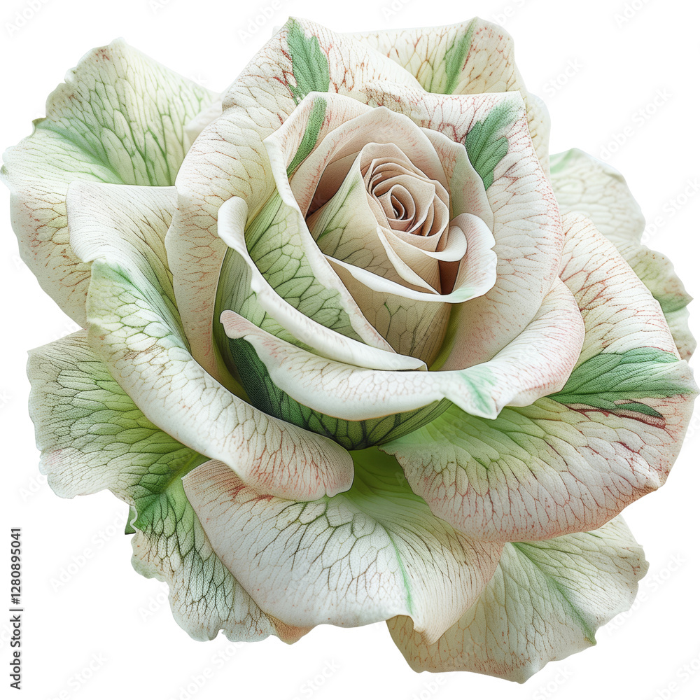 Obraz premium Close-up of white and green rose to show intricate stripe petals and vibrant leaves, perfect for floral enthusiasts seeking serene beauty. Flower element isolated on white or transparent background