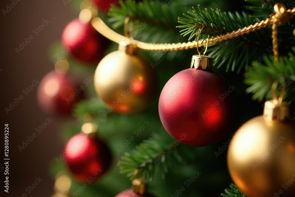 Naklejka premium Golden and red Christmas tree decorations hanging in a row, decorations, garland