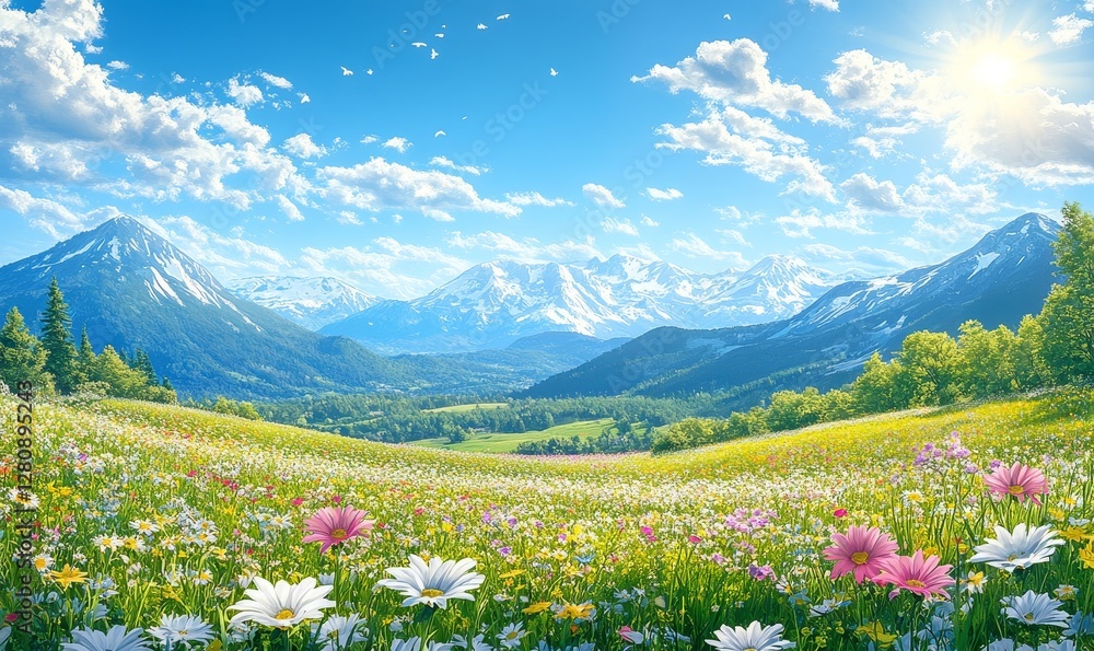Fototapeta premium Anime Nature Landscape with Sunlit Meadow, Snowcapped Mountains, and Flowering Fields on a Bright Summer Day