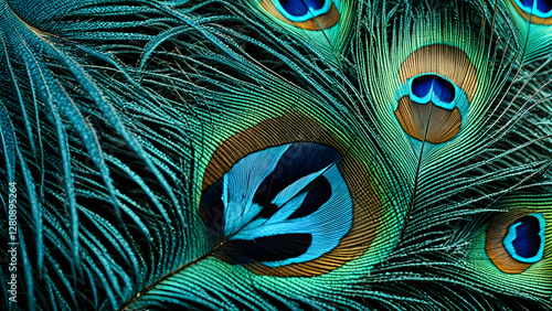 A close up of a peacock's feathers, showcasing their vibrant blue
