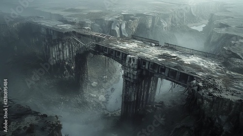 post apocalyptic landscape, rugged terrain, desolate scenery, eroded structures, dystopian world, barren wasteland, ruined bridge over chasm, survival theme, atmospheric imagery, dramatic environment,
