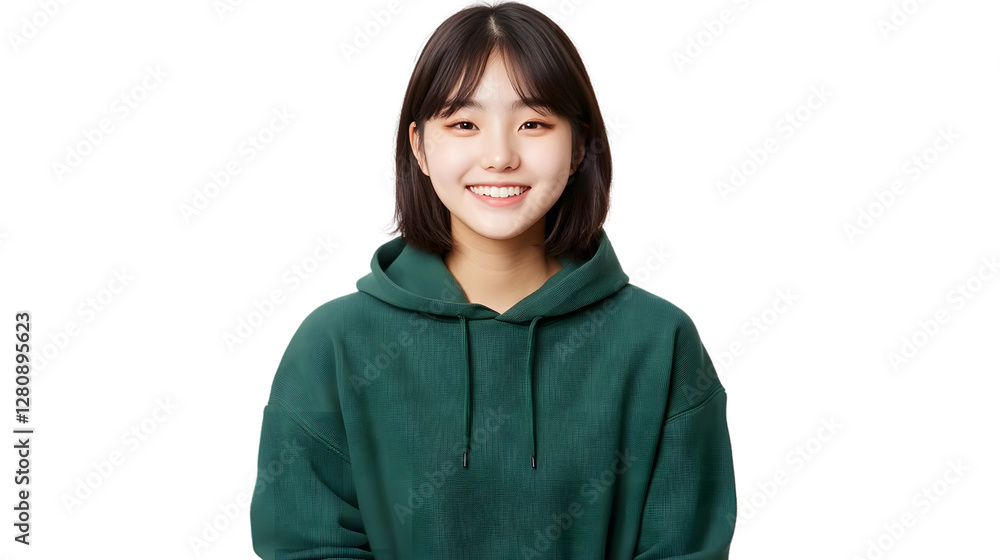 Portrait of a happy beautiful korean hair bang style, wearing a green hoodie sweater and jeans, front view, mockups Portrait of a happy beautiful korean hair bang style, wearing a green hoodie sweater and jeans, front view, mockups