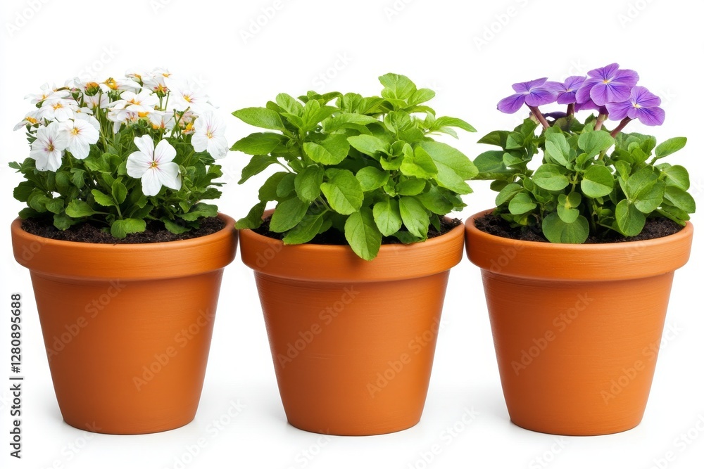 Collection of flower plants in pots isolated on white background Collection of flower plants in pots isolated on white background