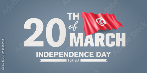 Tunisia happy independence day greeting card, banner with template text vector illustration. Tunisian memorial holiday 20th of March design element with 3D flag with crescent