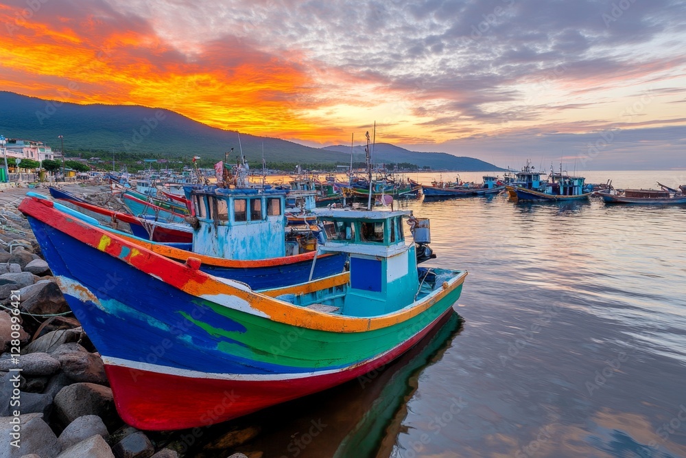 Fototapeta premium Fishing village with snow mountain at sunrise