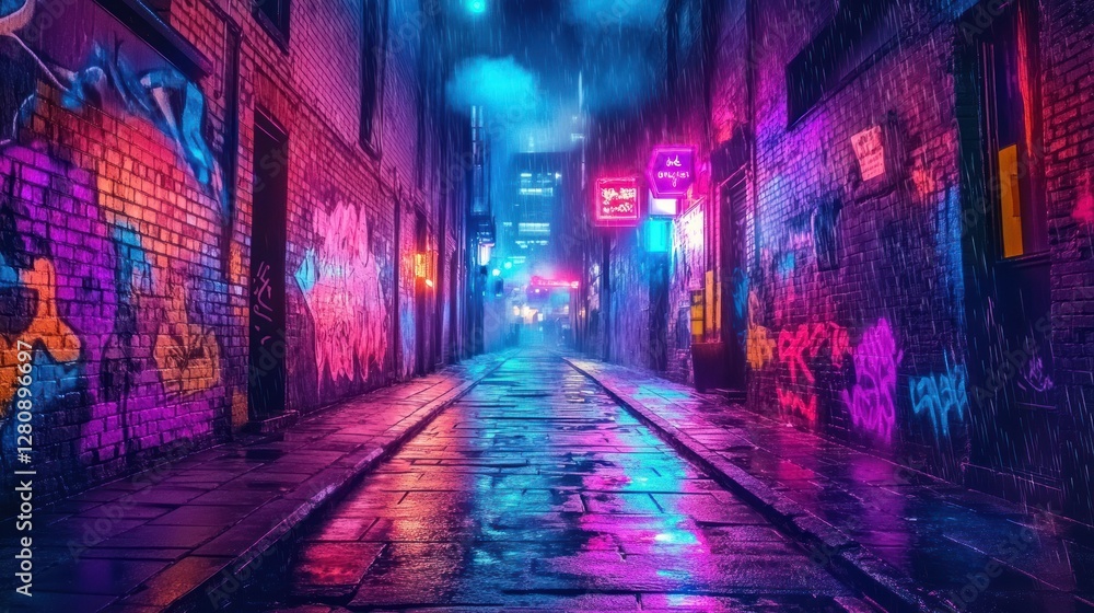 Neon-lit graffiti alley at night, wet pavement reflecting vibrant colors. Neon-lit graffiti alley at night, wet pavement reflecting vibrant colors.