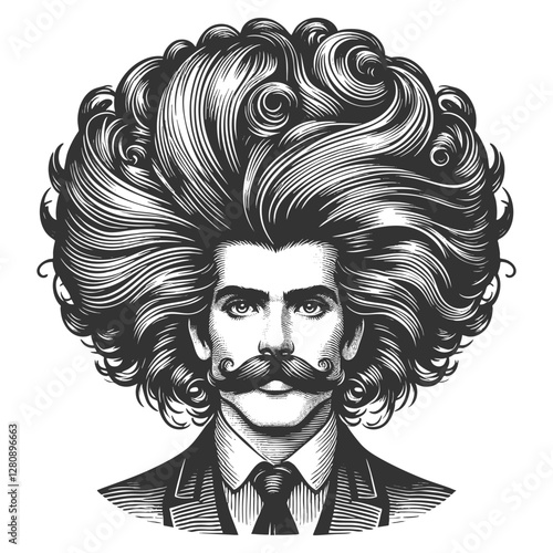 gentleman with an incredibly large, curly hairstyle, blending humor, surrealism, and vintage artistic style sketch engraving generative ai vector illustration. Scratch board. Black and white image.