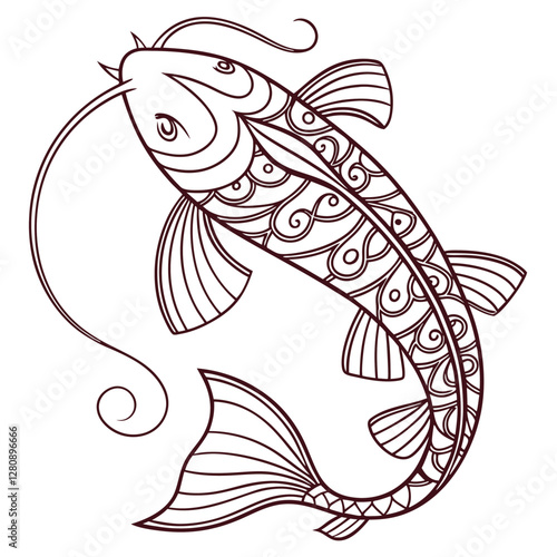 Intricate Line Art Koi Fish Illustration, Japanese Style, Ornamental Design, Swimming Upwards, Detailed Scales, Whiskers, Vector Outline