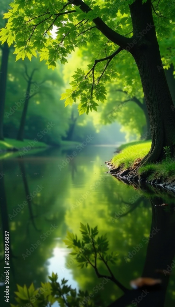 Naklejka premium Leaves of a tree reflected in the smooth surface of a quiet stream beside a tree, tree, peaceful, serene