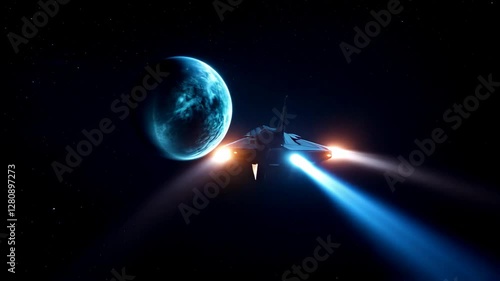 A sleek, dark spaceship flies through space, with a large, blue-tinged planet in the background. Bright engine exhaust trails behind the ship, indicating high speed. 