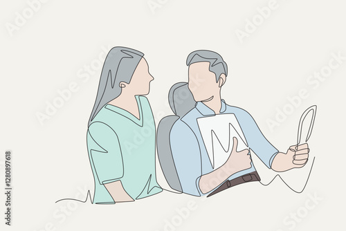 Colored dentist and patient who have finished cleaning their teeth. Visiting dentists concept one-line drawing