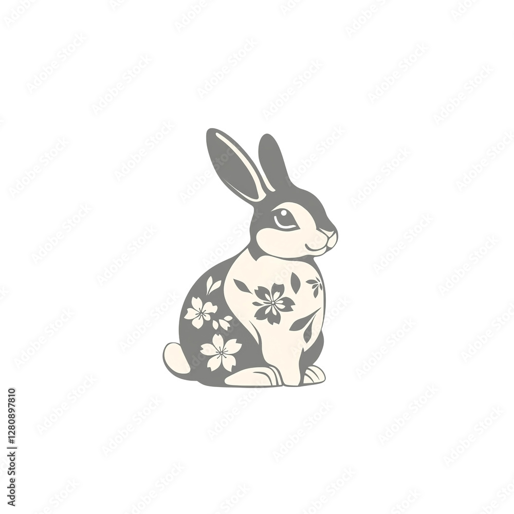 Elegant Floral Rabbit Design Grey and White Bunny with Cherry Blossoms Elegant Floral Rabbit Design Grey and White Bunny with Cherry Blossoms