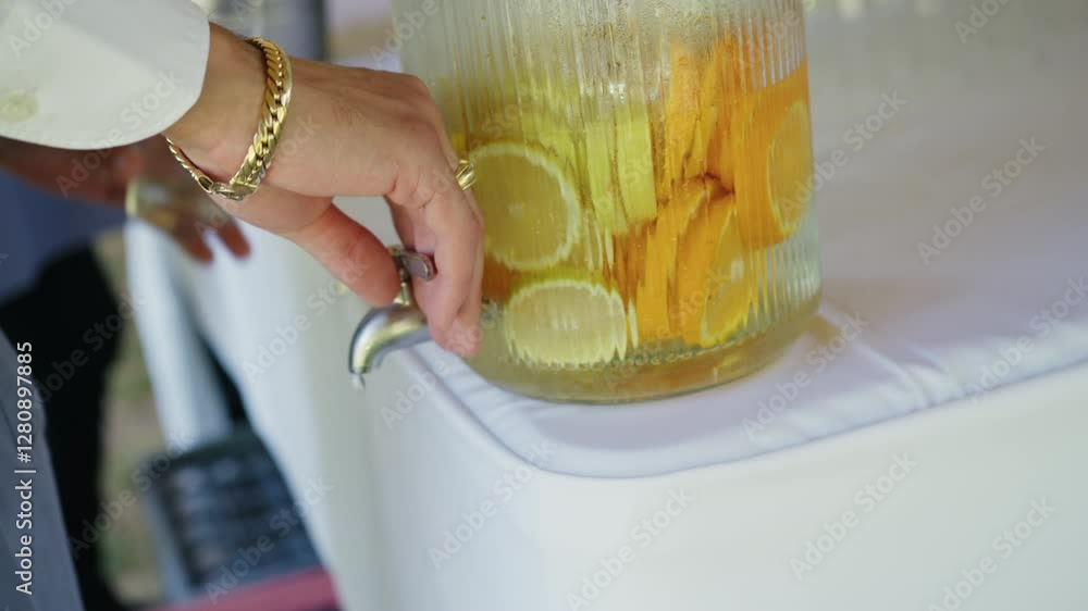 A person pours a refreshing lemonade into a glass, showcasing vibrant lemon slices and orange peels. Sunlight filters through, adding warmth to the moment.