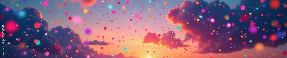 Multicolored confetti falling from the sky at dusk, confetti, colorful celebration, colorful Multicolored confetti falling from the sky at dusk, confetti, colorful celebration, colorful