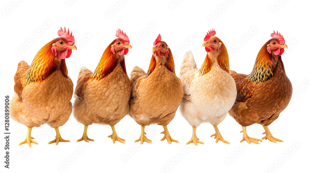 Fototapeta premium Colorful chickens lined up, five different breeds in a row, showcasing diversity in poultry, vibrant farmyard setting. Isolated on white background or PNG
