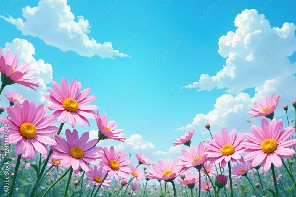 Pastel pink daisies on a bright blue canvas with puffy white clouds, blue sky, flowers Pastel pink daisies on a bright blue canvas with puffy white clouds, blue sky, flowers
