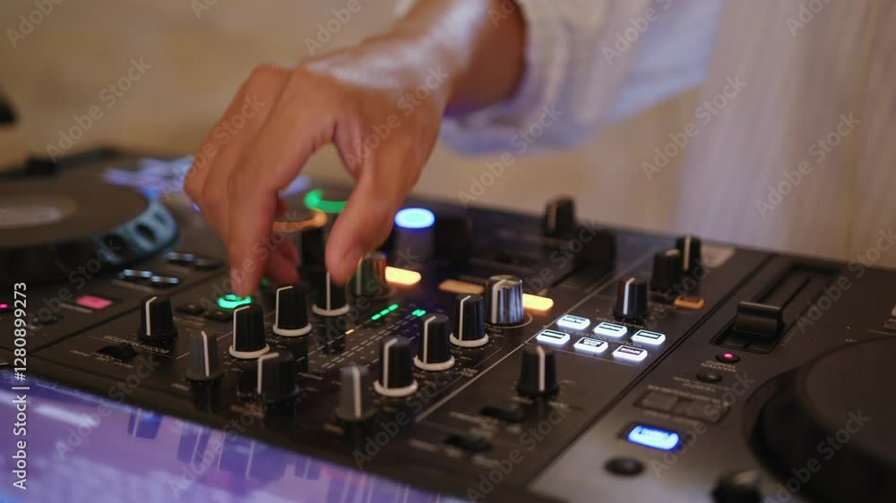 A DJ skillfully adjusts knobs and faders on a mixing console, blending sounds to create an energetic atmosphere. Colorful lights pulse as attendees dance and enjoy the music. A DJ skillfully adjusts knobs and faders on a mixing console, blending sounds to create an energetic atmosphere. Colorful lights pulse as attendees dance and enjoy the music.