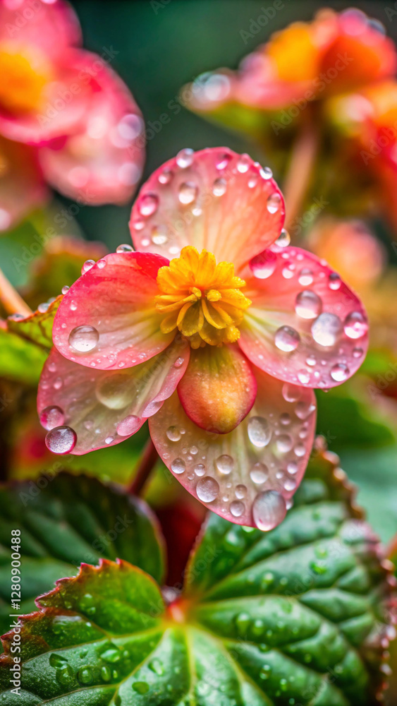 A begonia with curled cup like petals that hold small droplets of water A begonia with curled cup like petals that hold small droplets of water