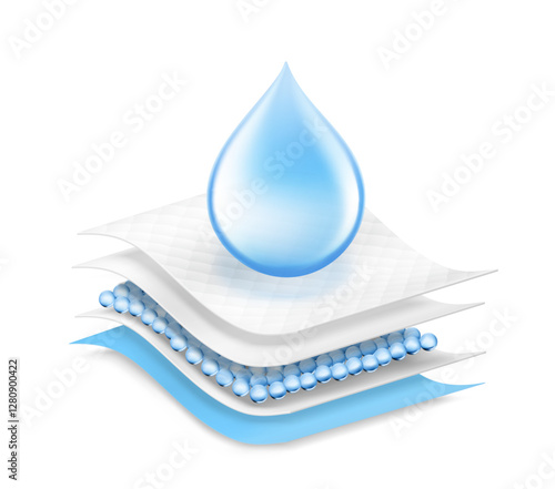 Realistic drop with layered absorbent core that shows prevents leaking. Vector illustration isolated on white background. Perfect for hygiene product and absorbent materials. EPS10.