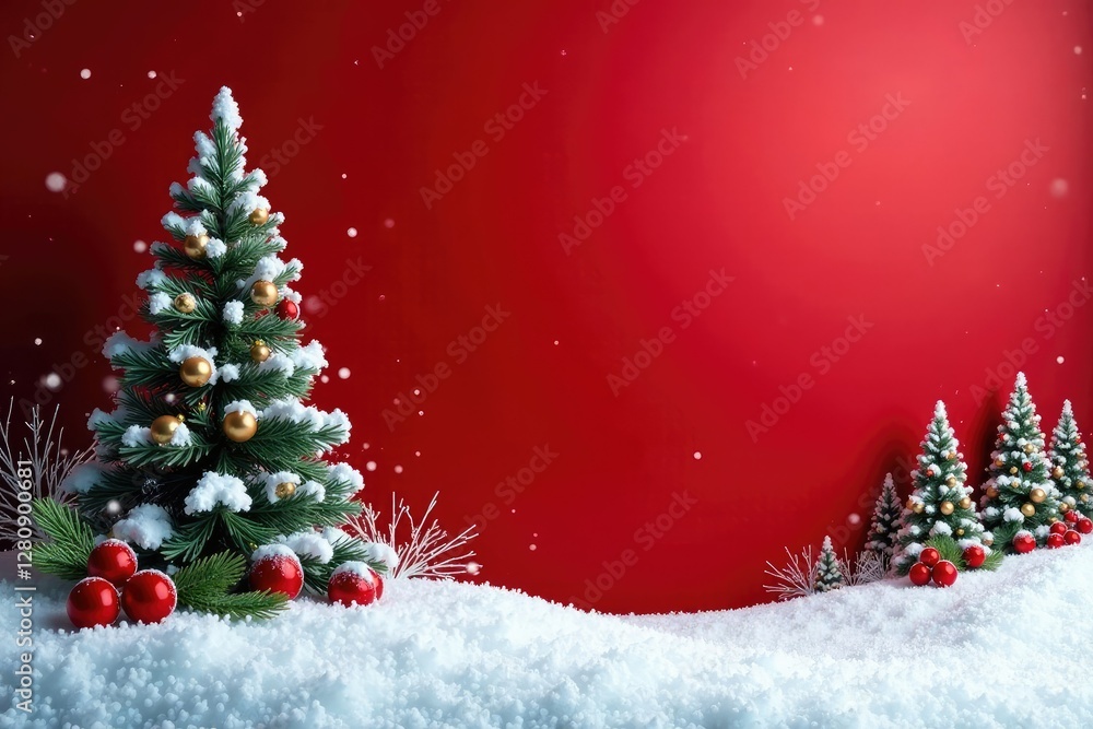 Fototapeta premium Red background with snowy trees and festive holly berries, , snow, landscape