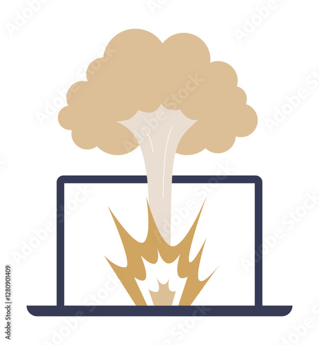 Exploding Laptop In Flat Vector Illustration Symbolizing Cyber Threats, Data Loss, And Computer Virus Attack, Isolated On White Background