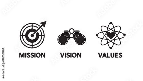 Vision, mission and values editable stroke outline set on victor white bagraound
