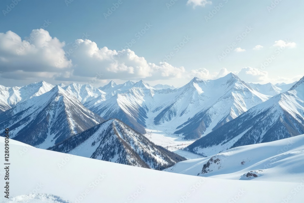 Fototapeta premium Rolling snow-covered mountains under grey cloudy sky, clouds, mountain range