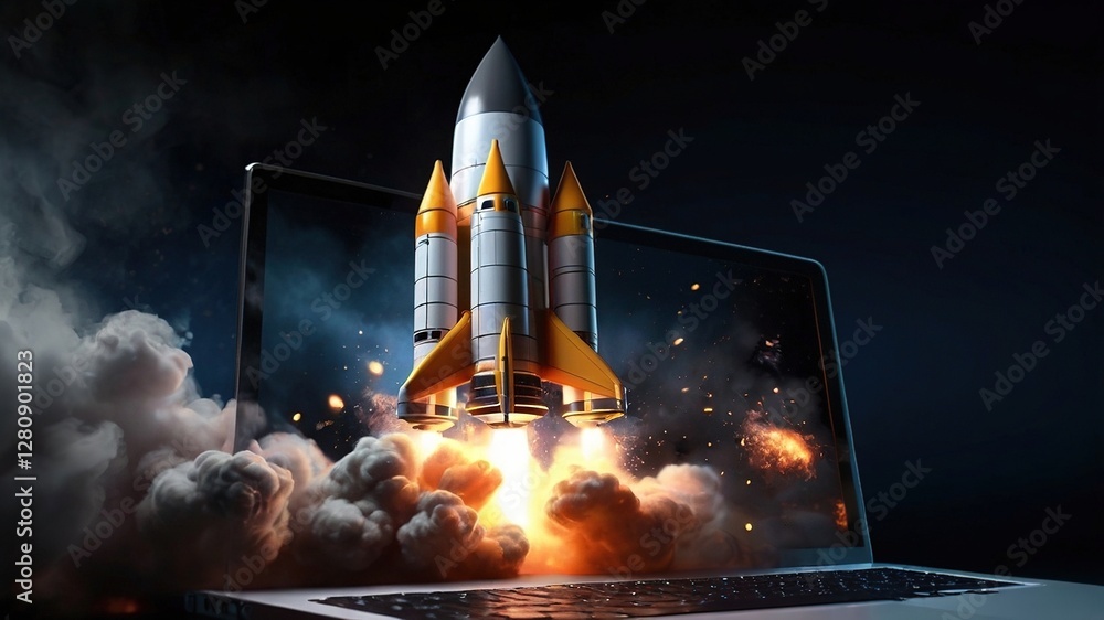 Fototapeta premium Rocket Launch from Laptop Symbolizing Technology and Innovation