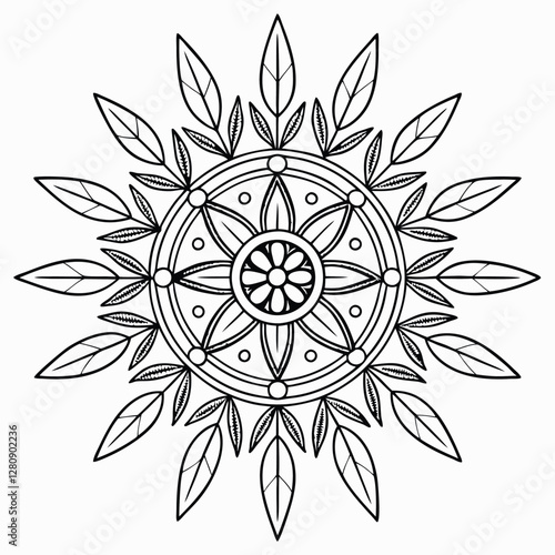 Elegant Mandala Coloring Page: Floral Design with Leaves, Detailed Line Art for Relaxation and Creativity, Printable