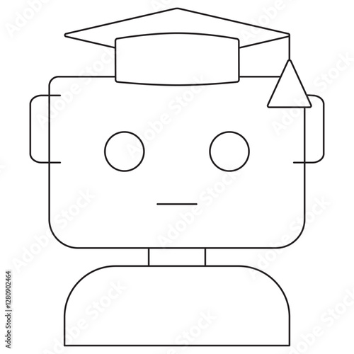Smart robot with graduation cap icon, symbolizing AI education, machine learning, and intelligent automation. A vector pictogram with thin black lines, with editable line thickness