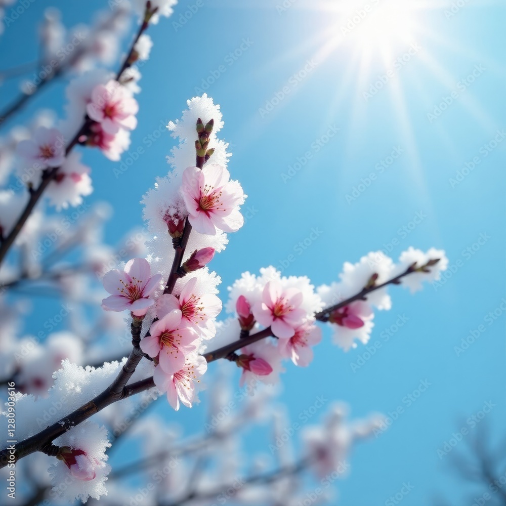 snow-covered plum blossom branches against a bright blue sky, frosty morning, cold weather scenery, winter landscape snow-covered plum blossom branches against a bright blue sky, frosty morning, cold weather scenery, winter landscape