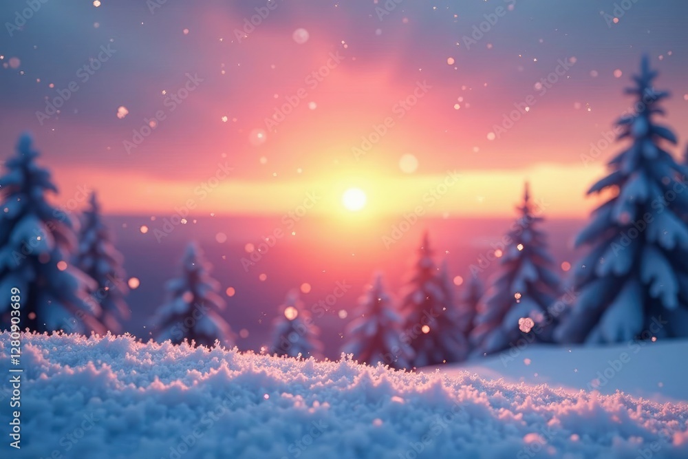 Naklejka premium Snowflakes gently falling on a rainbow-colored sky at dawn, gentle, sun, morning
