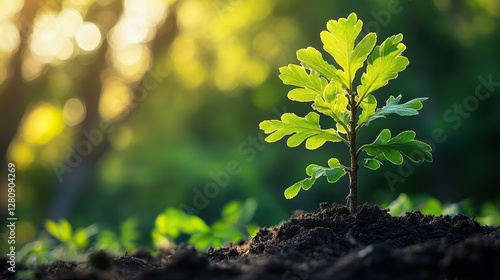 Wallpaper Mural A close-up of a vibrant oak sapling planted in rich soil, warm golden sunlight filtering through lush green leaves, soft blurred forest backgroundx Torontodigital.ca