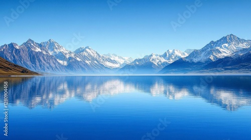 Wallpaper Mural Snow Capped Mountains Reflected in Tranquil Lake with Clear Blue Sky and Mountain Range Torontodigital.ca