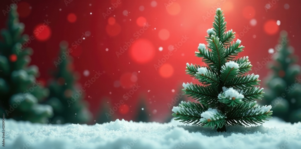 Snowy tree branches against abstract red green Christmas background with bokeh effect, green, trees Snowy tree branches against abstract red green Christmas background with bokeh effect, green, trees