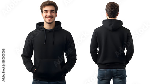 Portrait of a happy handsome american young attractive man, wearing a black hoodie sweater and jeans, front and back view