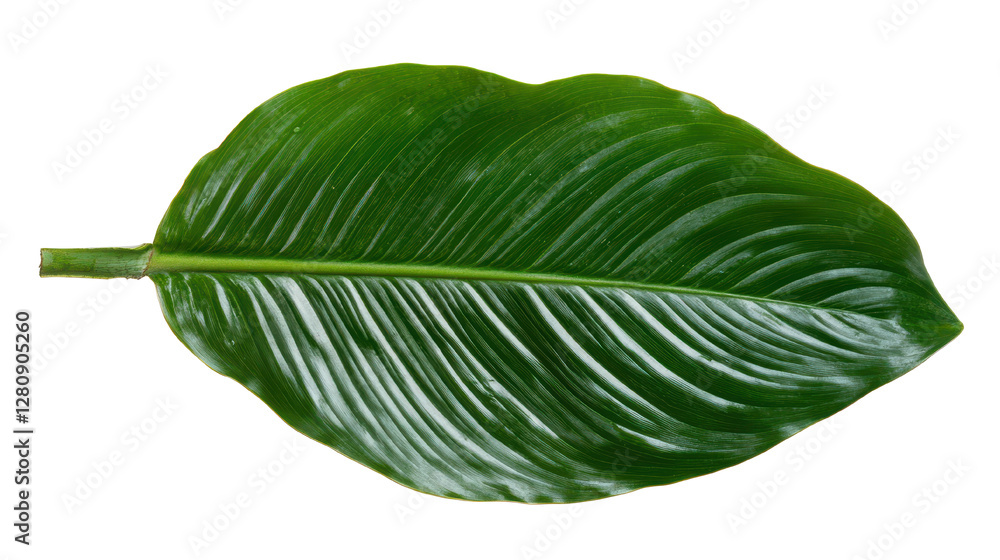 Obraz premium Green leaf, vibrant tropical foliage with smooth texture and intricate veins, ideal for nature-themed designs or backgrounds. Isolated on white background or PNG