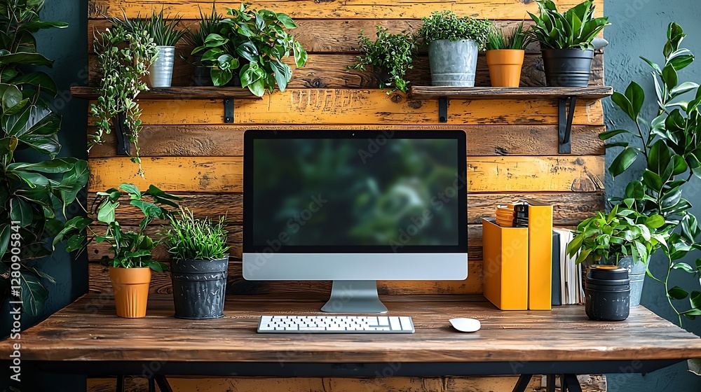 Modern Home Office Workspace with Computer Plants and Rustic Wooden Wall