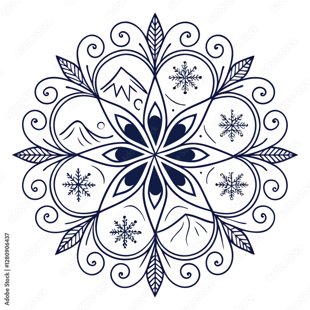 Fototapeta premium Winter Mandala Art: Snowflake, Mountain, and Floral Design - Decorative Circular Ornament for Holiday Season, Vector Illustration