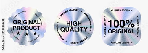 Set of holographic original product stickers, holographic labels with metallic texture