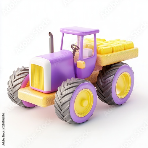 A colorful toy tractor with large yellow wheels and a flatbed carrying yellow crates.