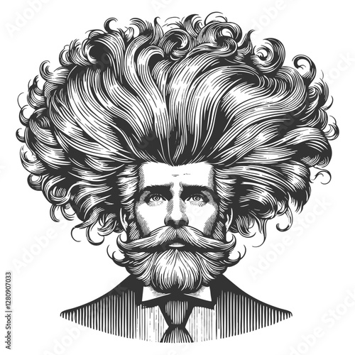 gentleman with an incredibly large, curly hairstyle, blending humor, surrealism, and vintage artistic style sketch engraving generative ai vector illustration. Scratch board. Black and white image.
