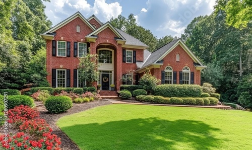 Charming Three-Story Red Brick Suburban Home with Lush Green Lawn and Vibrant Flower Garden in Georgia