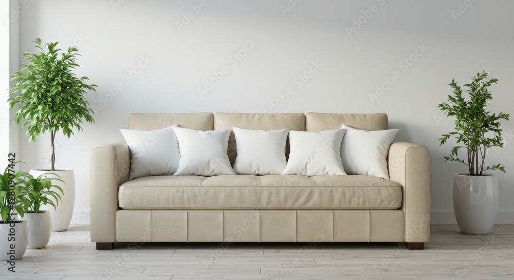 Fototapeta premium A modern living room featuring a beige leather sofa adorned with white pillows surrounded by green potted plants